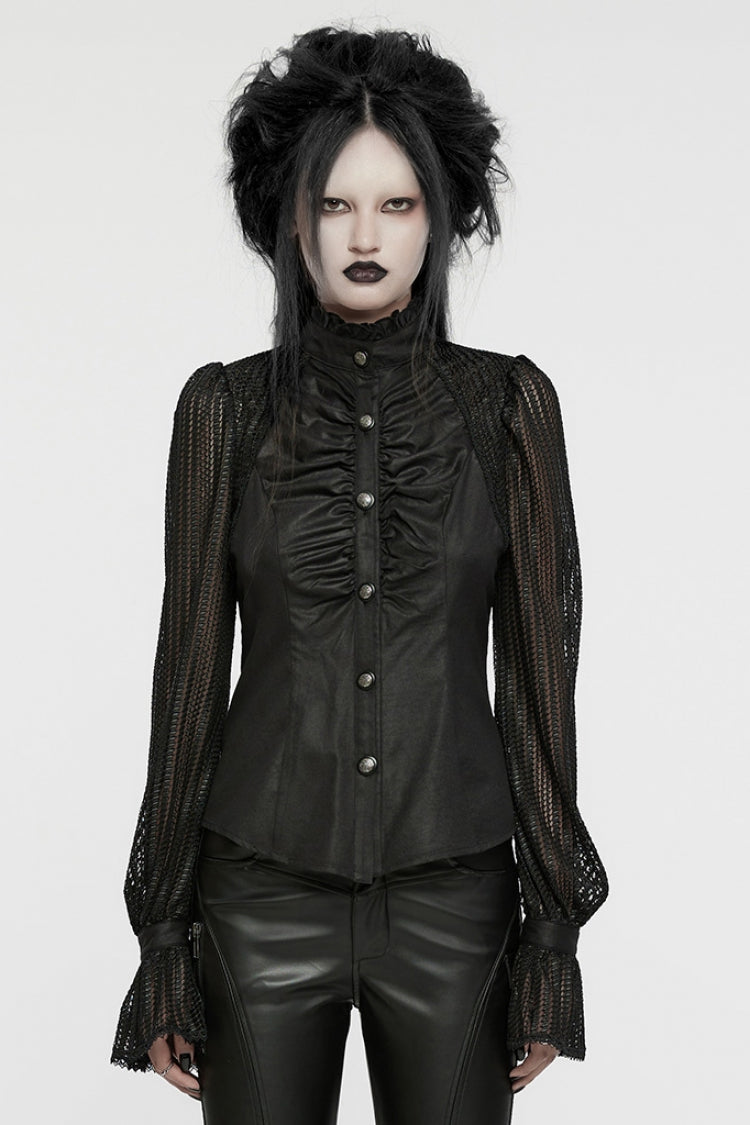 Black Stand Collar Stitching Mesh Women's Punk Blouse