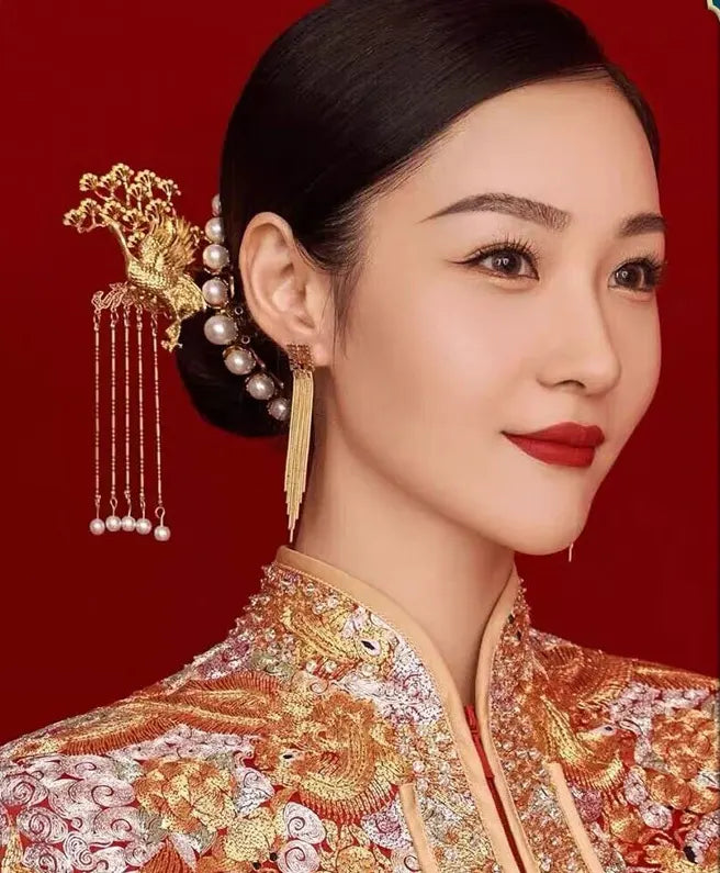 Oriental Golden Crane Bird & Peal Hairpin