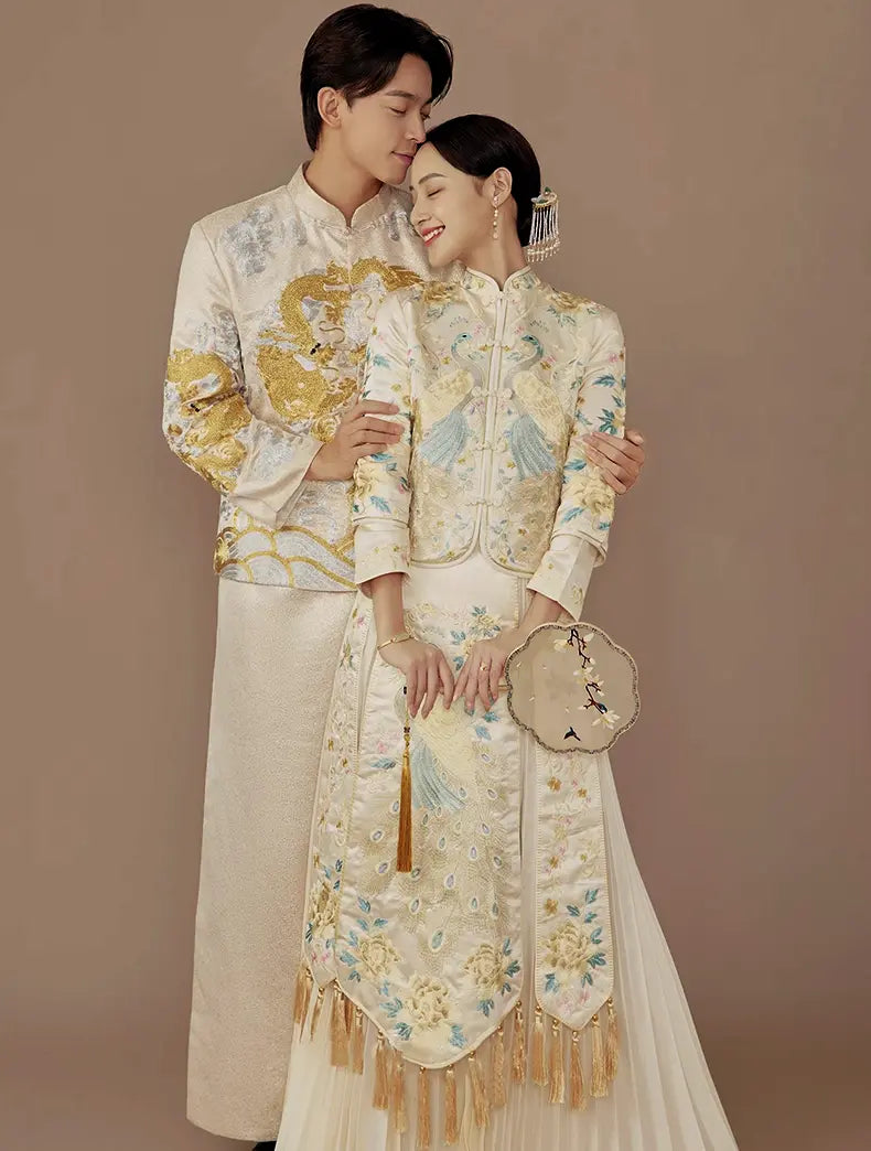 Chinese Wedding Off White Qun Kwa Dress| Peacock