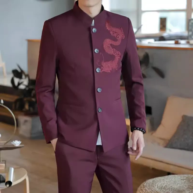 Chinese Slim-fit Mandarin  Dragon ZhongShan Jacket Suit