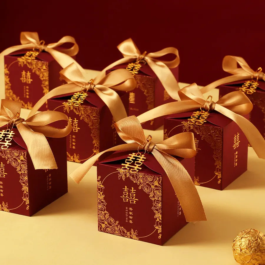 Red & Gold Double Happiness Wedding Favor Boxes|  Bush Roses (20Pcs)