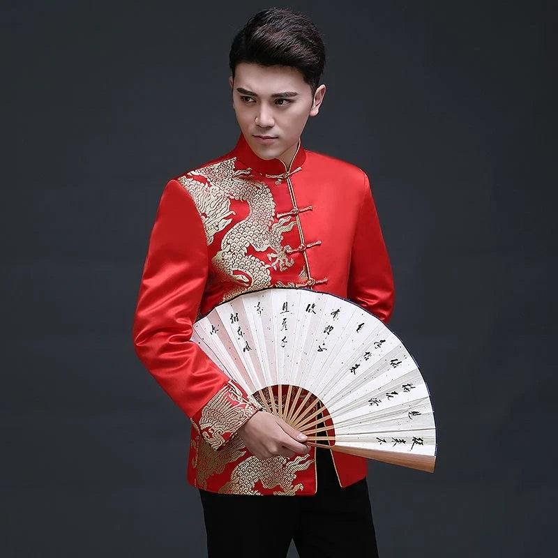 Traditional Chinese Red Gold Dragon Brocade Tang Jacket