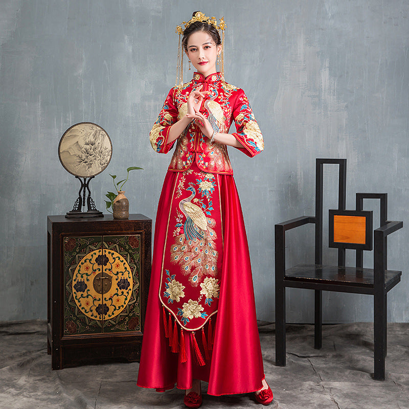 Red Chinese Wedding Bridal Qun kwa Dress| Peacock Plain