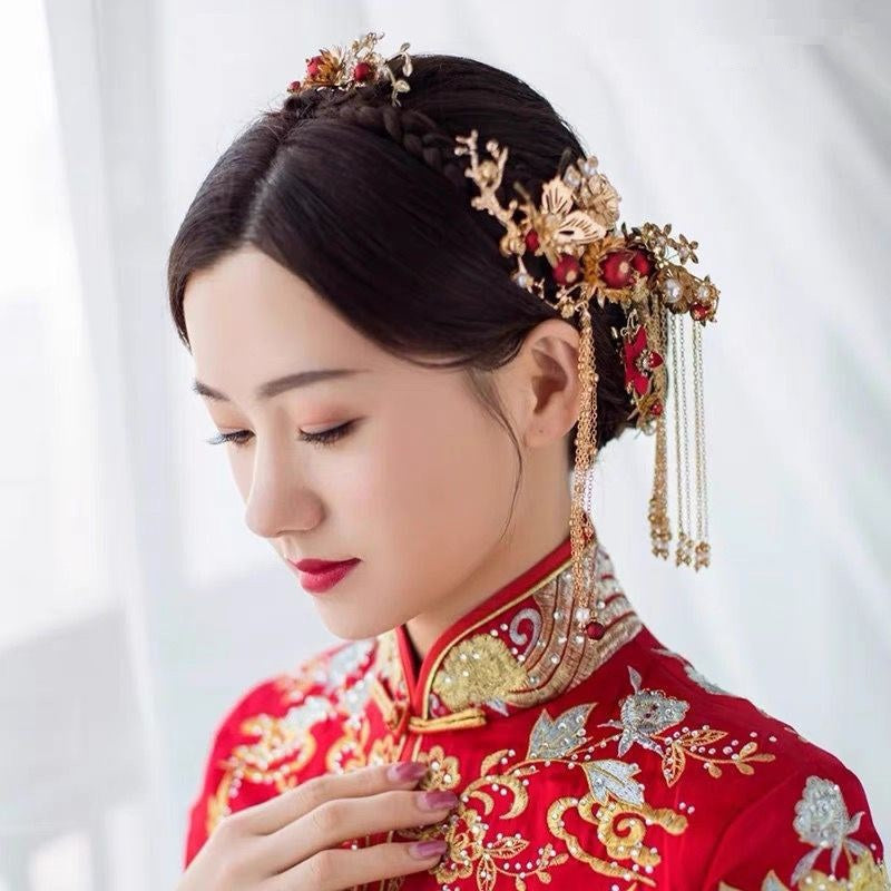 Golden & Red Flower and  Butterfly Hairpieces & Earrings Set (7pcs)