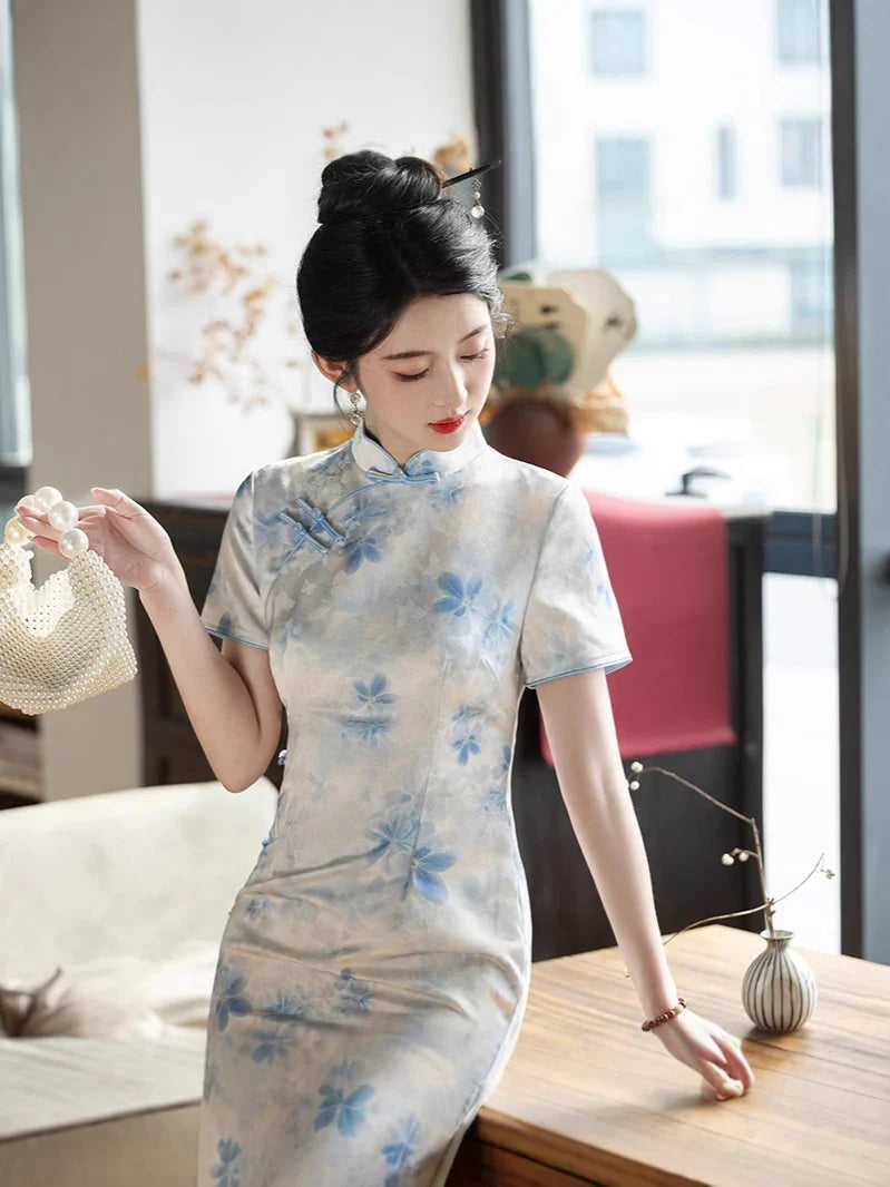 Blue Watercolor Floral Long Qipao Cheongsam Dress