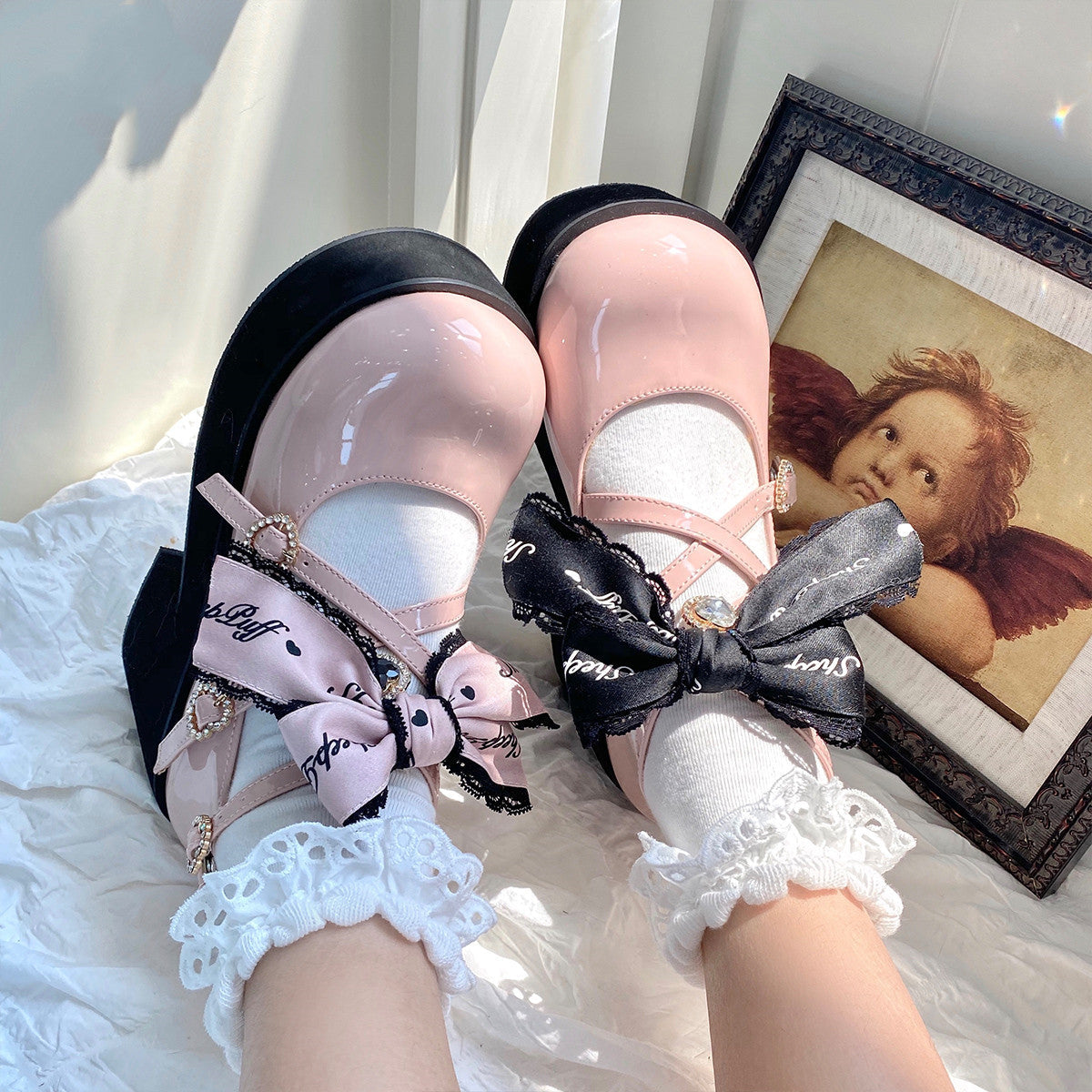 Black Pink Japanese Lolita Thick Heel Shoes
