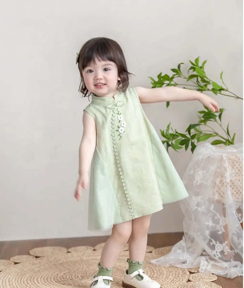 Elegant  Green/White Sleeveless Qipao Dress for Toddlers