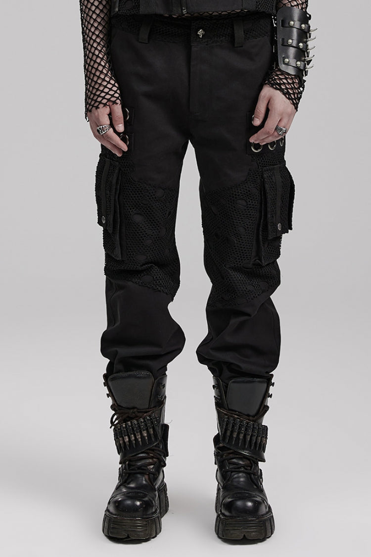 Black Stitching Mesh Metal Ring Decoration Men's Steampunk Pants