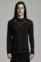 Black/Red Long Sleeves Stitching Lace-Up Ripped Men's Punk Blouse