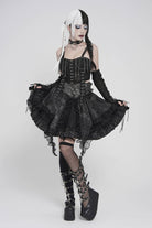 Black Multi-Layered Printed Spliced Lace Lace-Up Buckled Pleated Eyelet Women's Gothic Skirt