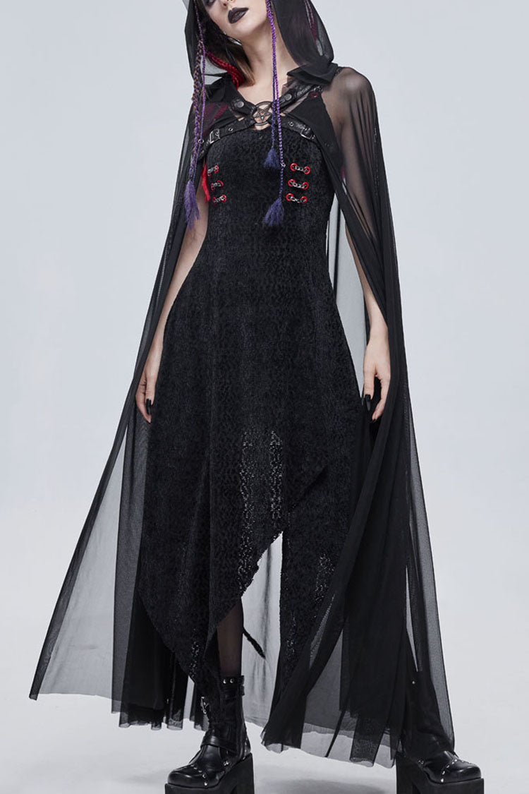 Black Punk Cross Leather Straps On Chest Design Metal Five-Pointed Star Decoration Long Hooded Women's Cape