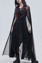 Black Punk Cross Leather Straps On Chest Design Metal Five-Pointed Star Decoration Long Hooded Women's Cape