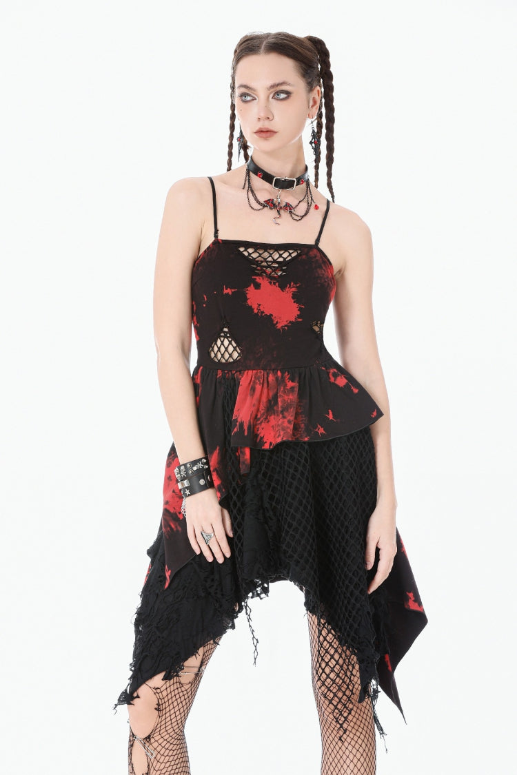 Black/Red Sleeveless Irregular Mesh Tie Dye Women's Punk Slip Dress