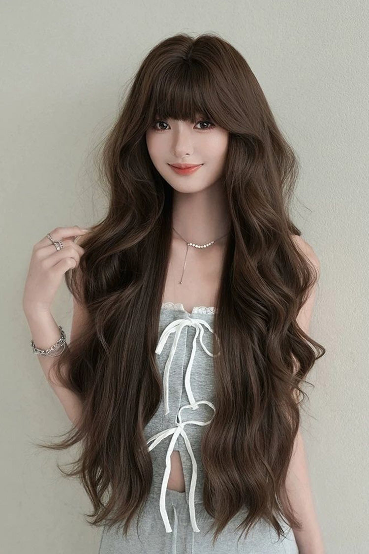 Morandi Tea Brown Fluffy Extra Long Loose Wave Sweet Lolita Wig with Full Bangs