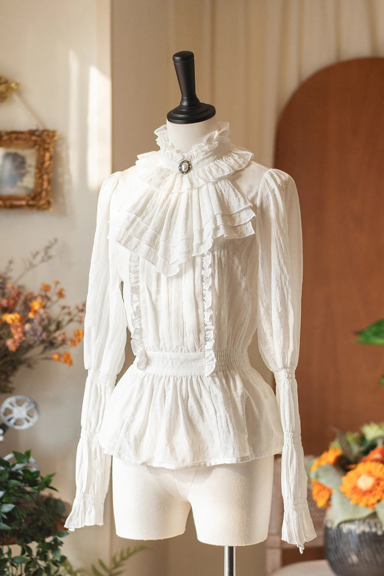 White [Misty Forest] Stand Collar Long Sleeves Ruffled Sweet Vintage Elegant Lolita Blouse