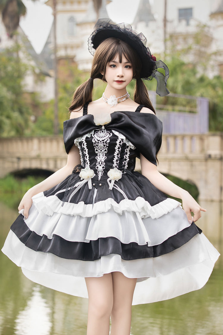 Black/White [Rose Of The Night Sea And Starry Sky] Off Shoulder Multi-Layered Ruffle Embroidery Sweet Lolita Dress
