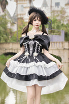 Black/White [Rose Of The Night Sea And Starry Sky] Off Shoulder Multi-Layered Ruffle Embroidery Sweet Lolita Dress