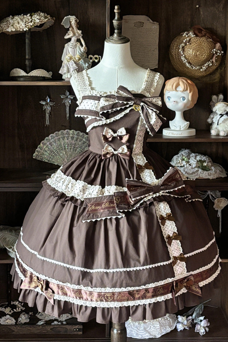 Dark Brown [Panda Gift] Square Collar Sleeveless Ruffled Bow Spliced Asymmetric Sweet Lolita Jsk Dress