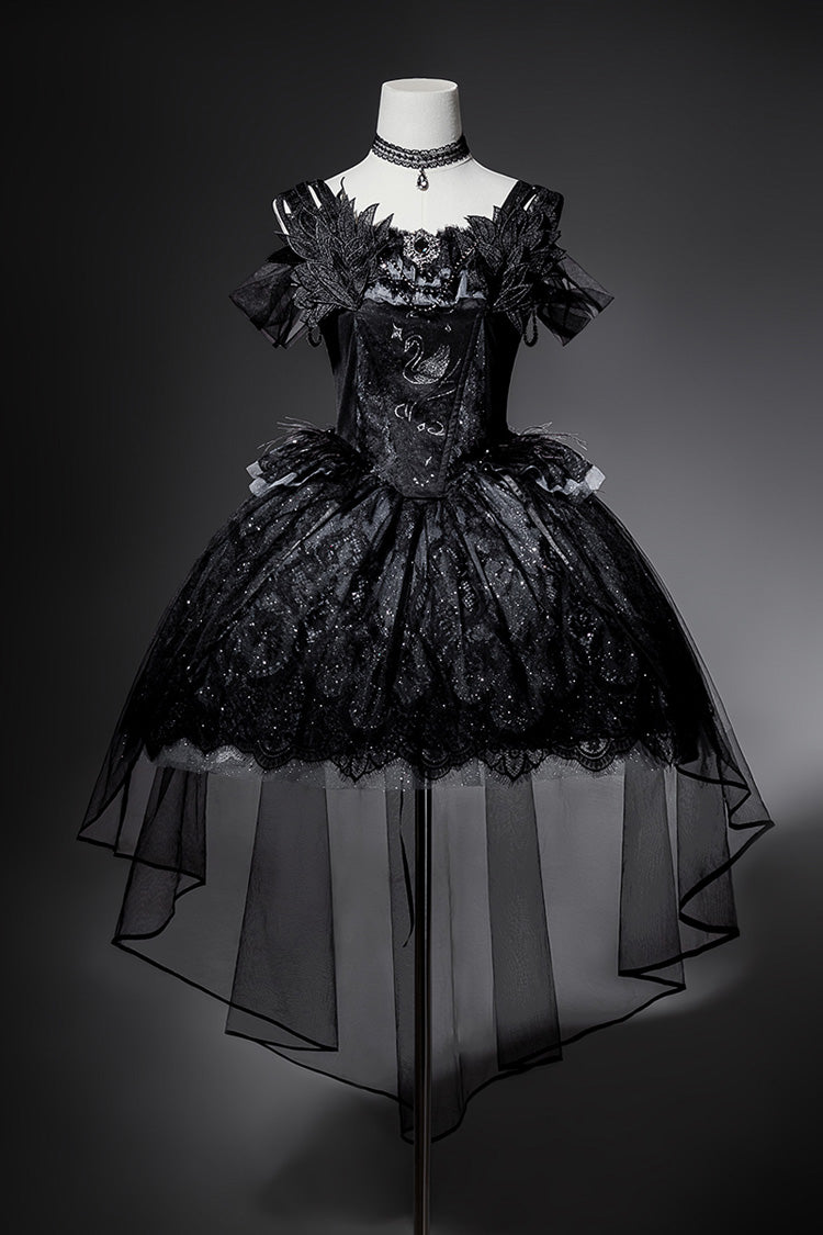 Black [Star Swan Dream] Ruffle Embroidery Bowknot Lace Gothic Lolita Jsk Dress