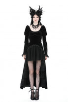 Black Round Collar Long Puff Sleeves Lace Lace-Up Hem High Low Women's Gothic Velvet Wedding Dress