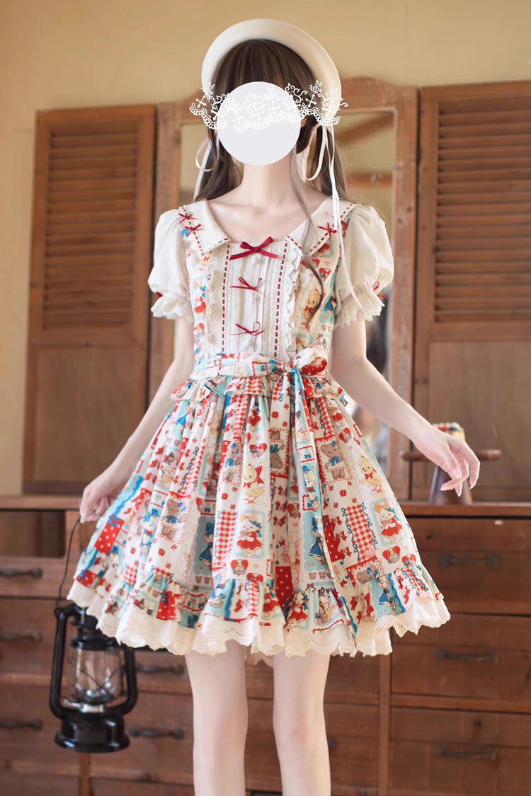 Multi-Color [Linlang Painting Shop] Short Sleeves Print Ruffle Bowknot Lace Sweet Vintage Lolita Dress