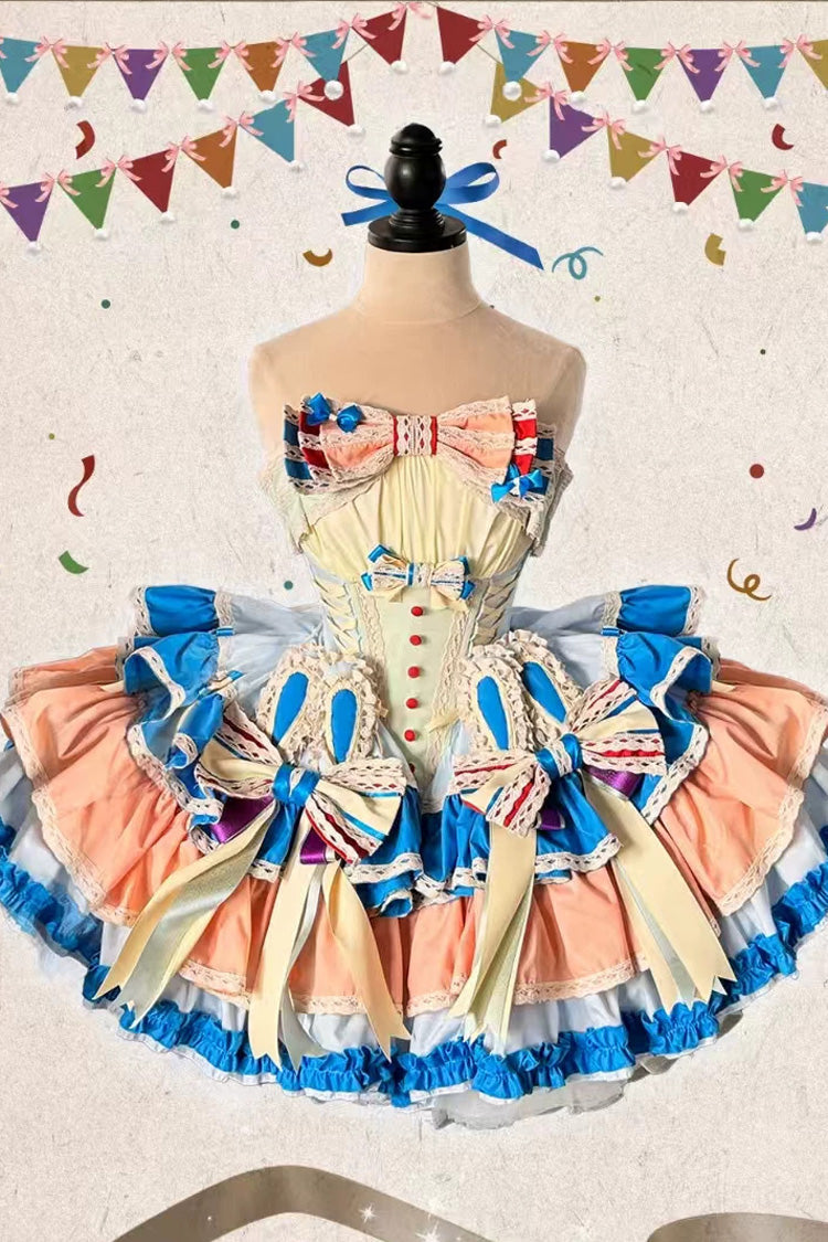 Multi-Color [Candy Paper Ribbon × Sleepy Bunny Doll Shop] Sleeveless Multi-Layered Ruffled Bow Lace-Up Sweet Ballet Lolita Dress