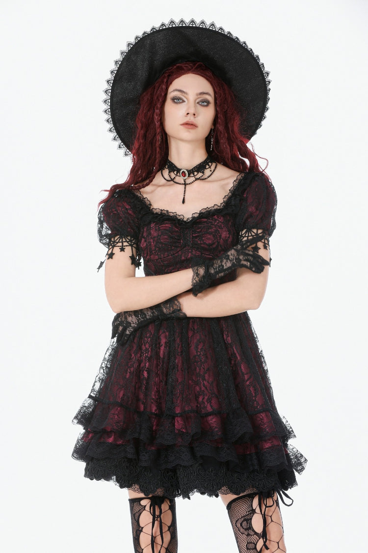 Black/Red Star Square-cut Collar Short Sleeves Lace Women's Gothic Priness Dress Graduation Dress