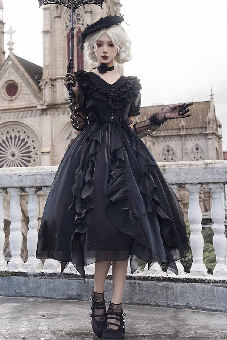 Black V-Neck Lace Cla Daily Short Puff Sleeves Gothic Lolita Dress