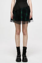 Green Cotton Splicing Mesh Plaid Personalized Pocket Decoration Waist Punk Women's Short Skirt