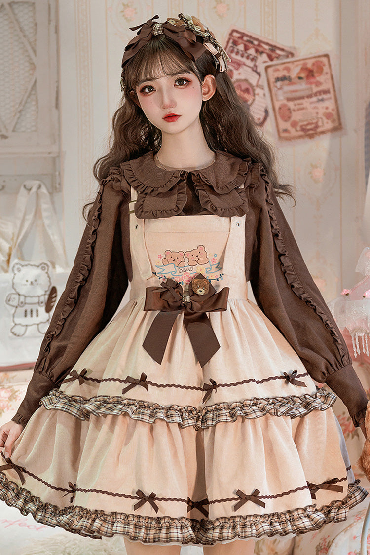 Khaki [Cute Bear] Embroidery Print Sleeveless Double-Layered Ruffle Bowknot Sweet Lolita Jsk Dress