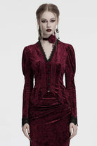 Red V Collar Long Puff Sleeves Women's Gothic Blouse
