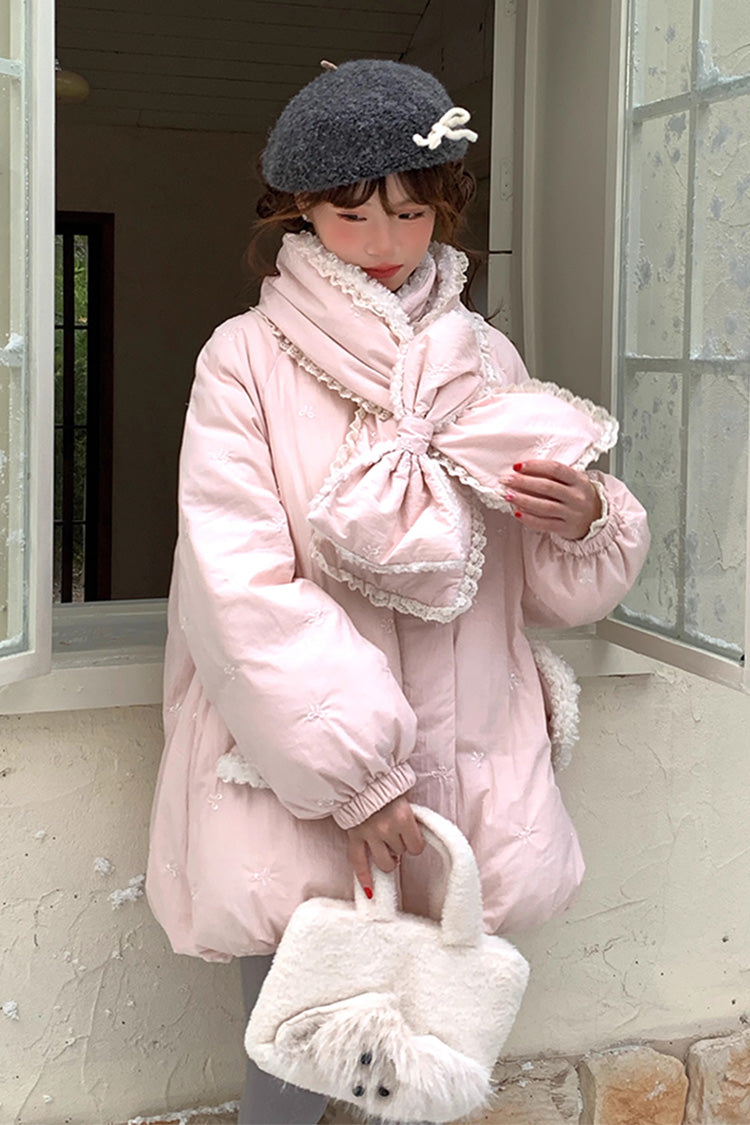 Pink Duck Down Stand Collar Long Sleeves Bowknot Sweet Lolita Coat