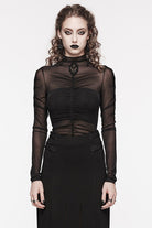 Black Long Sleeves Floral Embroidery Mesh Women's Gothic Blouse