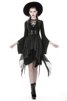 Black Chiffon Sleeveless Cut-Out Chest Irregular Hem Lace-Up Buckled Women's Punk Jacket