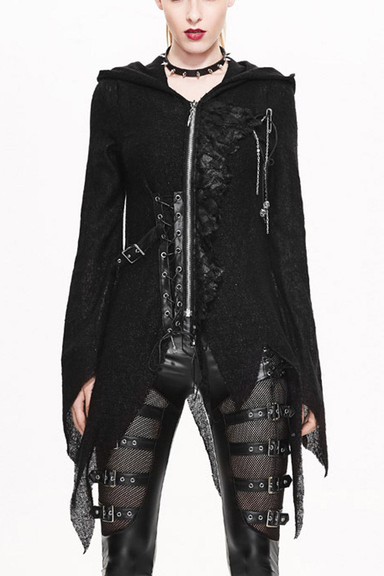 Black Vintage Hooded With Leather Details Women's Punk Jackets