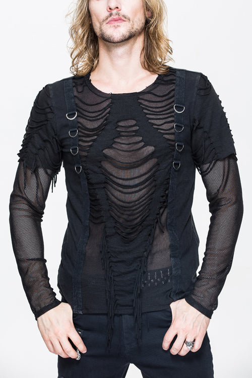 Black Knitted Diamond Mesh Mens Punk T-Shirt With Ribbons