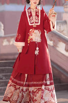 Red Classic Chinese Style V Collar Embroidery Long Sleeves Womens Hanfu Three Piece