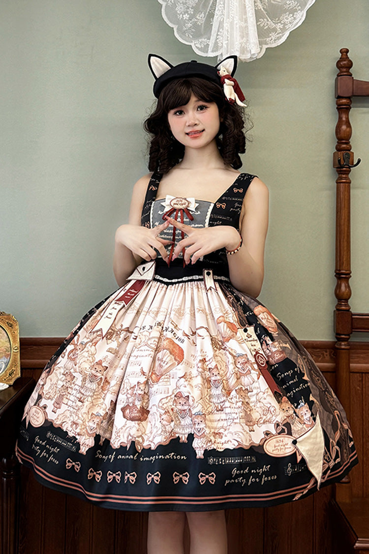 Black [Fox Band] Print Square Collar Bowknot Classic Lolita Jumper Dress