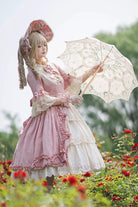 Pink [Lilica Garden] Lapel Collar Short Trumpet Sleeves Ruffled Open-Front Bow Lace Sweet Elegant Luxurious Lolita Dress