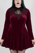 Red Velvet Front Chest Hollow-Out Decals Back Lace-Up Long Sleeve Plus Size Women's Gothic Dress