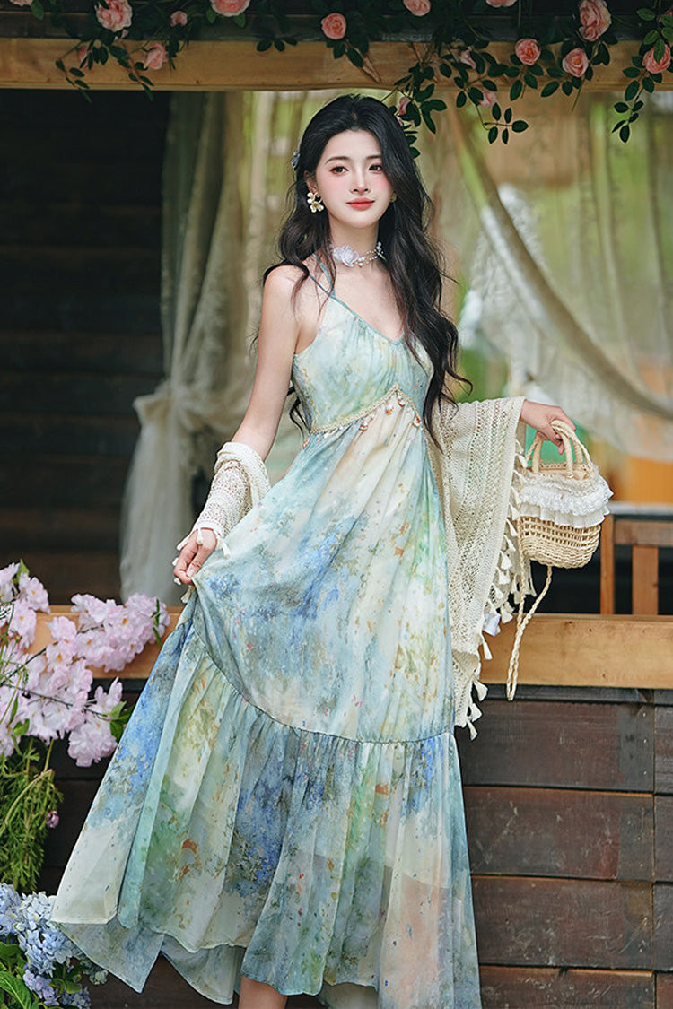 Blue/Green V Collar Sleeveless Ombre French Oil Painting Printed Ruffled Sweet Lolita Jsk Dress