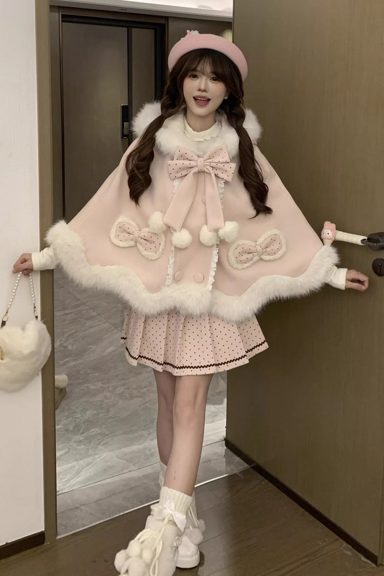 Pink [Sea Salt Guava] Polka Dot Printed Ruffled Bow Hooded Sweet Princess Lolita Dress Cloak Set
