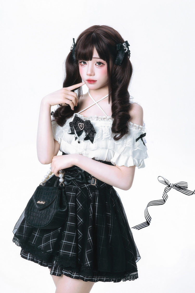 Black/White [Sixteenth Night] Off Shoulder Short Sleeves Plaid Printed Bow Classic Japanese Jirai Kei Skirt Set