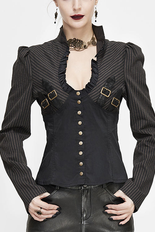 Black And Coffee Striped Low Collar Sexy Womens Punk Blouse