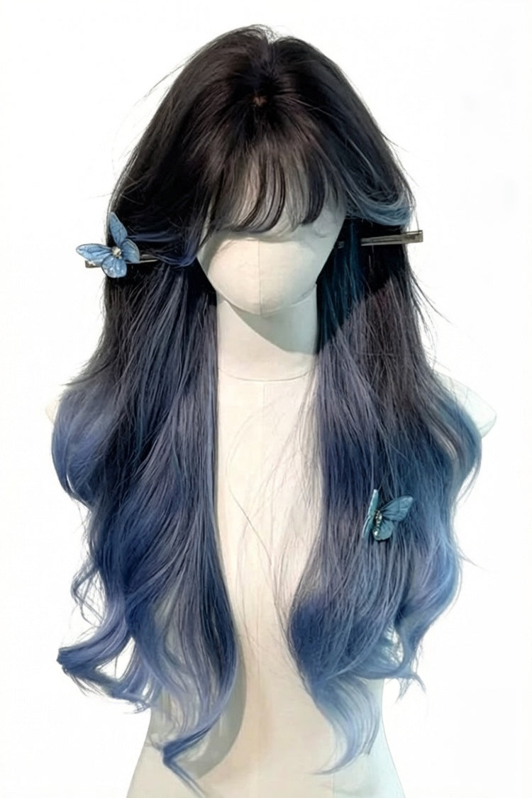 Black/Blue Ombre Curtain Bangs Long Wavy Sweet Lolita Wig