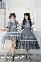 Grey [Letters and Poems · Old Memories] Stand Collar Long Sleeves Double-Layered Ruffled Bow Classic Elegant Lolita Dress 2 Versions