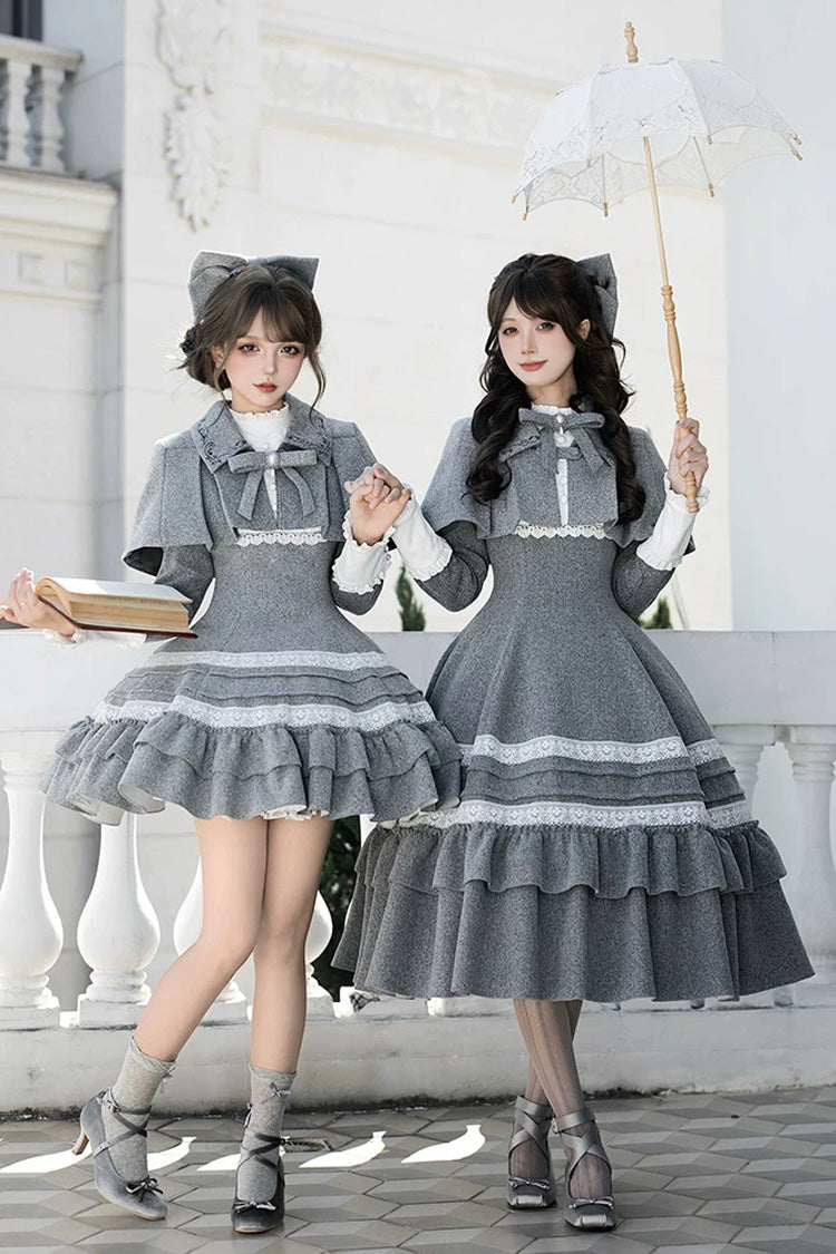 Grey [Letters and Poems · Old Memories] Stand Collar Long Sleeves Double-Layered Ruffled Bow Classic Elegant Lolita Dress 2 Versions