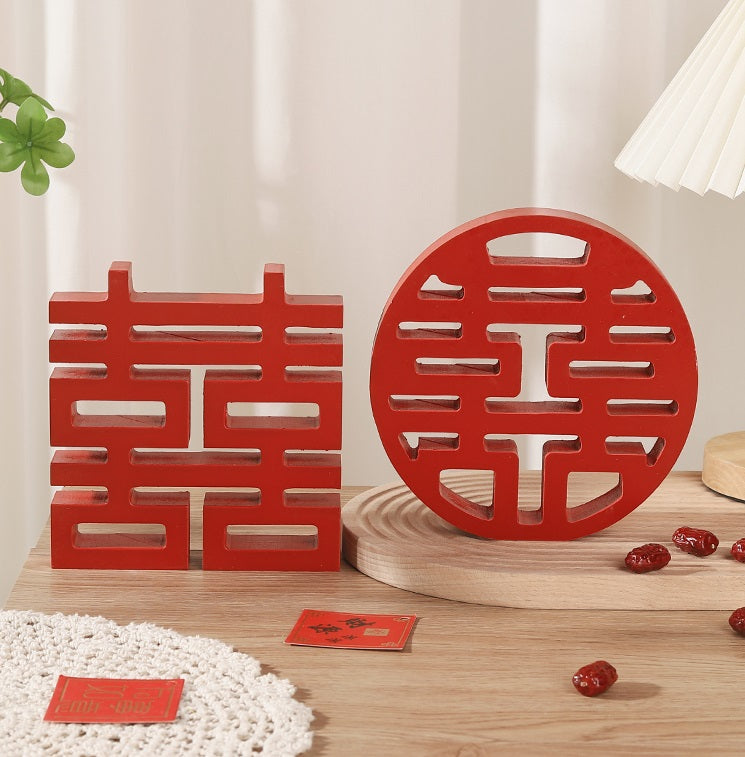 Red Double Happiness Wooden Block
