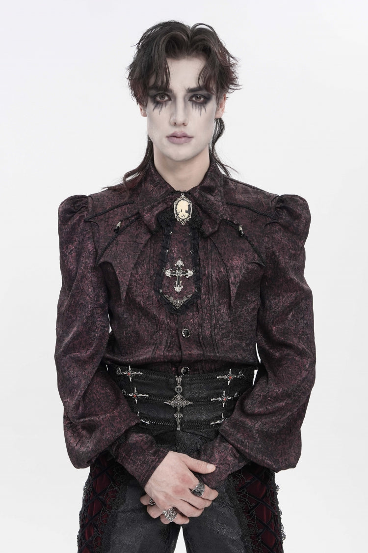 Red Lapel Collar Long Lantern Sleeves Jacquard Bow Men's Gothic Shirt