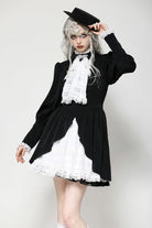 Black/White Pleated Lace Stand Collar Jabot Long Puff Sleeves Women's Gothic Dress